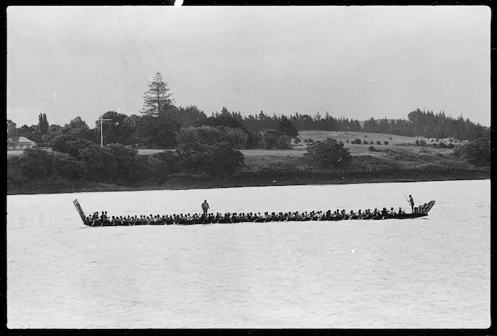 The waka Ngatokimatawhaorua at sea off Waitangi - Photograph taken by Ian Mackley