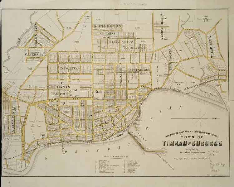 New Zealand Post Office directory map of the town of Timaru and suburbs, compiled by Smith and Boys