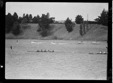 Image: New Zealand fours team winning rowing race, 1950 British Empire Games, Lake Karapiro