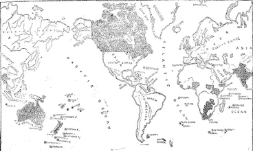 Image: THE MAP OF THE WORLD—THE BLACK SPACES SHOW THE TERRITORY BELONGING TO GREAT BRITAIN, > (Auckland Star, 08 February 1896)