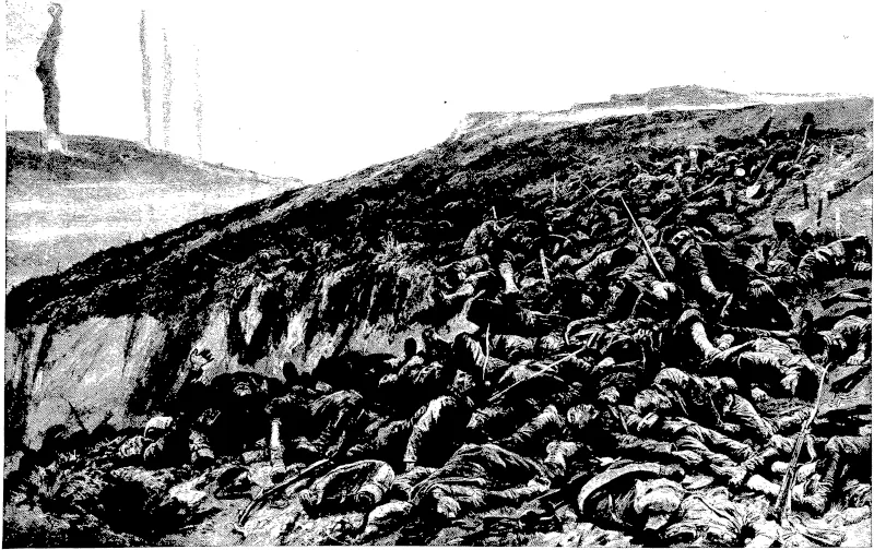 THE BEST ARGUMENT AGAINST WAR: THE HIDEOUS CARNAGE ON THE SOU-SHAN HILL, ONE OF THE MOST HOTLY-CONTESTED POSITIONS AT LIAO-YANG.  Mr Bennett Burleigh, the distinguished war correspondent of the Daily Telegraph, gives the following vivid description of the horrors of Sou-shan:—"On the south front rose a conical hill, the whole south, face of which was a steep green, slope. It was strewn thickly with Japanese dead. In one cluster lay over 300 bodies. The wide area of the trench upon the summit was filled with badly-mauled dead soldiers. There lay, upon a space no larger than Primrose Hill, the corpses of 1000 men." In the distance the artist has depicted the Japanese funeral-pyres, the construction of which Mr Burleigh also describes-—"The dead were placed bide by side in wide, shadlow pits. Wood and grain stalks were put under the bodies; a layer of mould was placed over all. Then fire was set to the stalks, and the heat, acting as a brick-kiln, incinerated the remains where enough wood had been used-Such, are the Japanese funeral-pyres, which, like camp fires round Sou-shan and Ldao-yang, light up the sky by night, and send thick columns of smoke up by day." In Japan the people are said to be shocked by the awful sacrifice of life, and a diplomat at Tokio has said:—"The world will recoil from the sickening slaughter. Every interest of humanity demands an adjustment of the differences betwpen the two nations and desires the conclusion of peace."—Illustrated London News. (Otago Witness, 14 December 1904)
