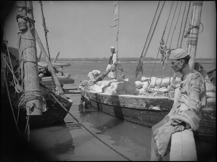 Load of flour on board a boat on the Nile, Egypt - Photograph taken by George Kaye