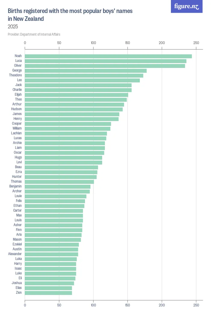 Births registered with the most popular boys' names in New Zealand - 2025