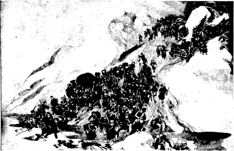 DIFFICULTIES OF THE JAPANESE OPERATIONS IN KOREA: A COLUMN PRESSING NORTHWARDS TO THE YALU.  The Japanese have encountered untold difficulties in accomplishing their successful task of manoeuvring the Russians out of Korea. Their progress has necessarily been tedious, for they had to struggle through deep mud and snow, amid broken and mountainous country.—Illustrated London News. (Otago Witness, 01 June 1904)