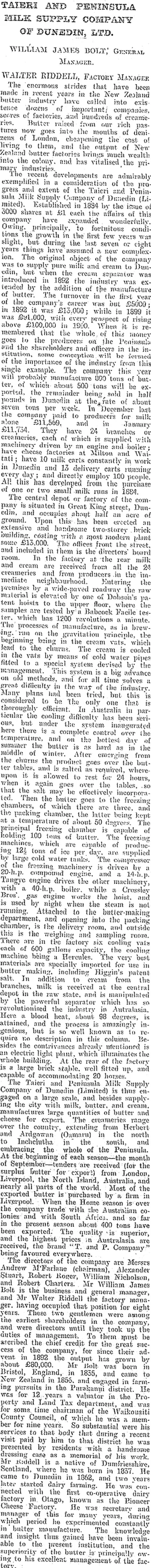 Image: TAIERI AND PENINSULA MILK SUPPLY COMPANY OF DUNEDIN, LTD. (Otago Daily Times 23-4-1900)