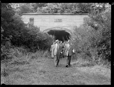 Image: Group of men outside the Wainuiomata tunnel