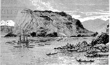 Image: Mercury Bay natives in their canoes greet Captain Cook upon his arrival. (Evening Post, 23 December 1939)