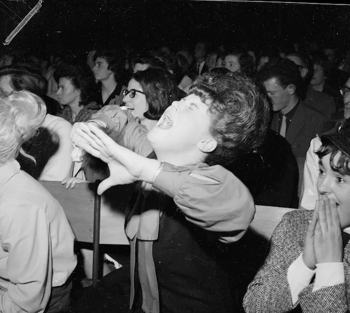 Fans demonstrating during Beatles' concert at Wellington Town Hall