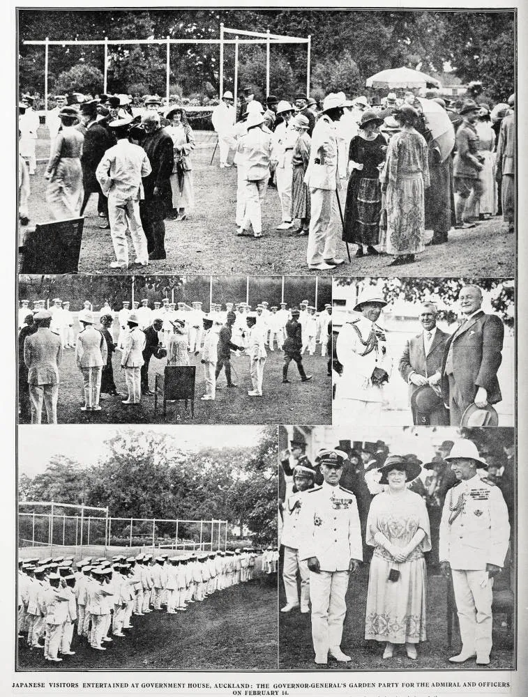 Japanese visitors entertained at Government House, Auckland: the Governor General's party for the Admiral and officers on February 14