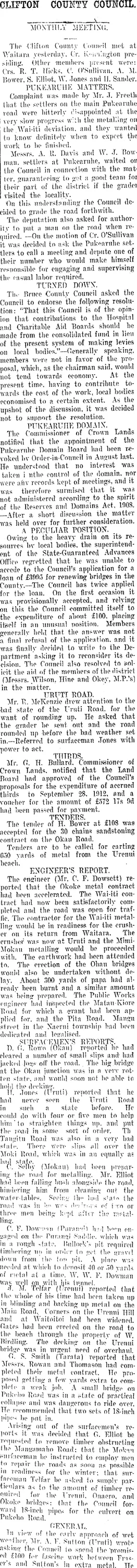 CLIFTON COUNTY COUNCIL. (Taranaki Daily News 8-2-1913)
