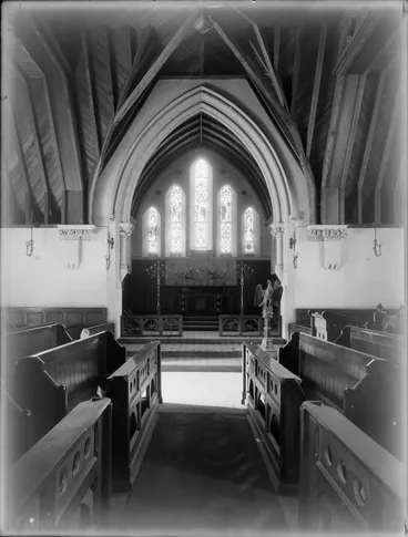 Image: Christ's College chapel, church interior, choir stalls and altar, Christchurch