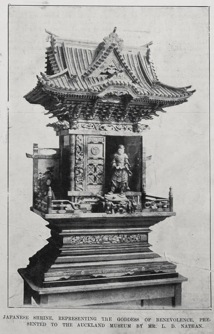 Japanese shrine representing the goddess of benevolence, presented to the Auckland Museum by Mr L D Nathan