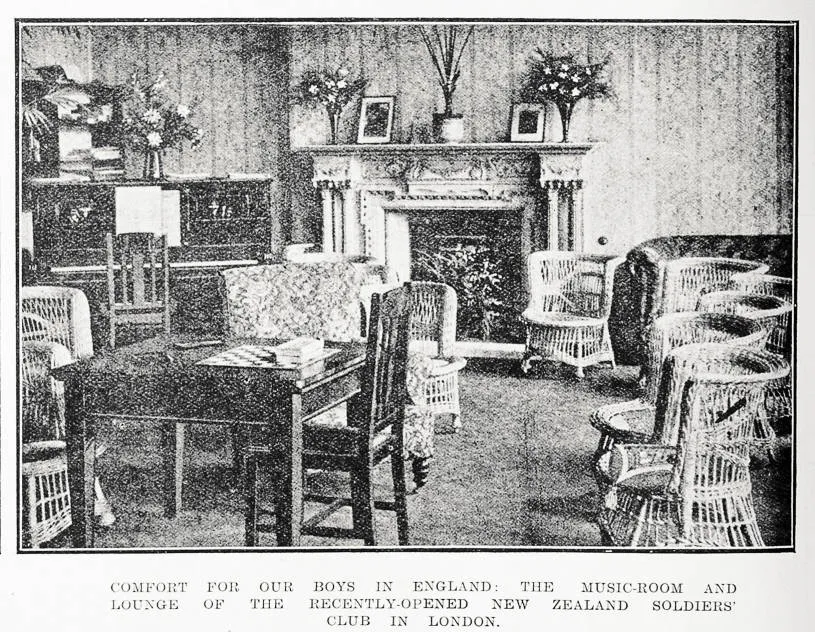 Comfort for our boys in England: the music-room and lounge of the recently-opened New Zealand Soldiers' Club in London