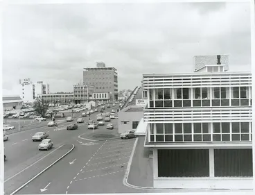 Image: Looking along Anglesea Street, New Zealand Rail Depot on the right, with the new Telephone Exchange building in the centre, Hamilton