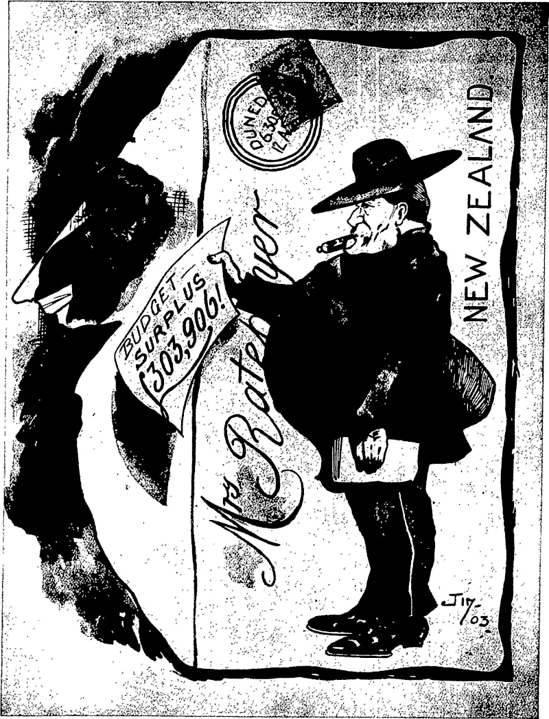 BLOWING HIS OWN TRUMPET, OR MR SEDDON'S RED LETTER DAY. The postmen are now instructed to sound a note of warning on a Government whistle—when  nearing your house. (Otago Witness, 19 August 1903)