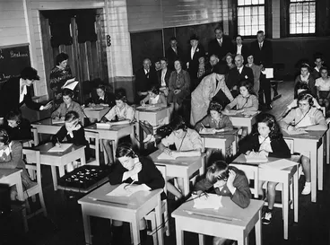 Image: Children with hearing difficulties testing an audiometer, Thorndon School, Wellington