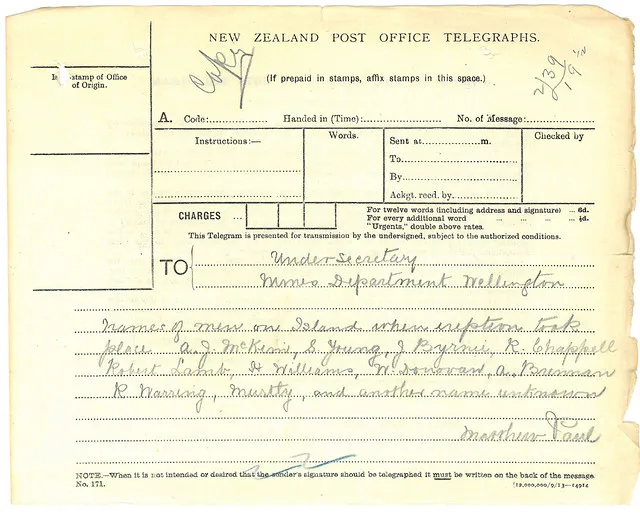 Telegram re: White Island Eruption 1914