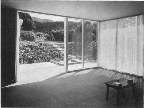 Black and white photograph of house interior, designed by E. A. and Anna Plischke