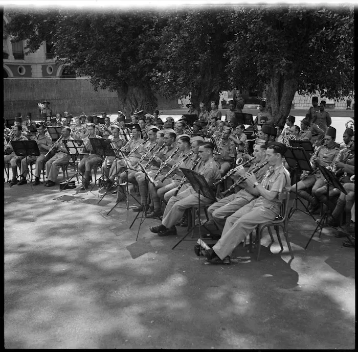 Massed bands playing for a BBC broadcast from Cairo, World War II