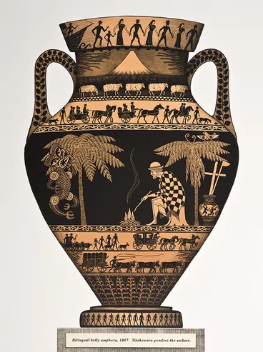 Image: "Bilingual belly amphora, 1867. Titokowaru ponders the embers."