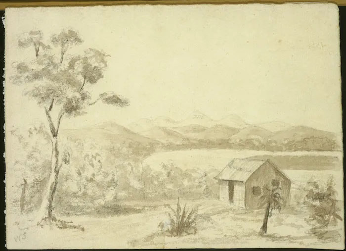Swainson, William, 1789-1855 :Scene on Manawatu River, New Zealand. 1845.