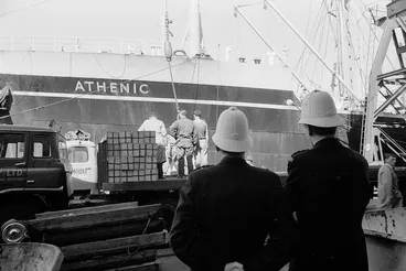 Image: Cases of decimal currency notes unloaded from the Athenic, Wellington, New Zealand