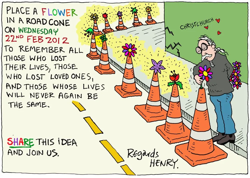 Cartoon, 'Place a flower in a road cone'