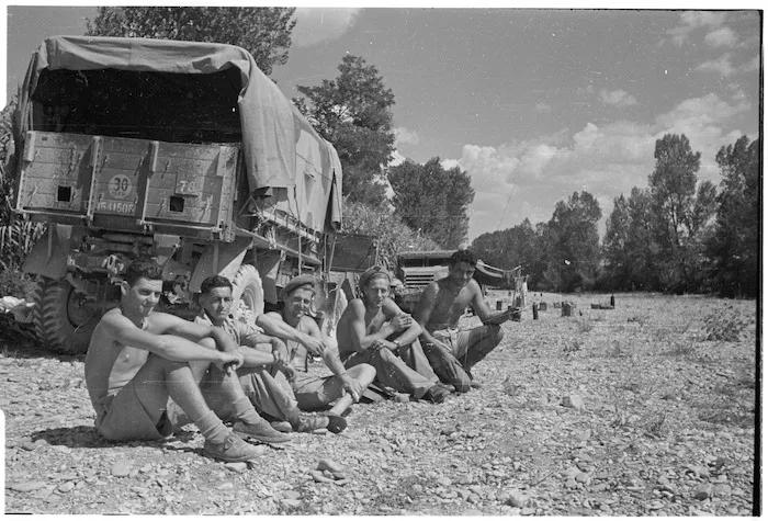 New Zealand Engineers at their camp on the bed of the Pesa River, Tuscany, Italy - Photograph taken by George Kaye