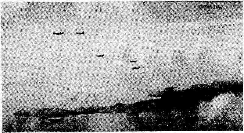 Rising over the smoking ruins of four ships they have ]ust bombed at Eaha Jima, five "Helldivers" of a. United States Pacific Fleet task force re-form to return, to their carriers. In attacks on Haha Jima and Chichi Jima, both in the Bonin Islands, 600 miles south of Tokio, United States carrier plane's sank at least 13 Japanese: ships, damaged over 20 others, and shot down 32 Japanese planes, besides . damaging 96 more. ' . (Evening Post, 29 August 1944)