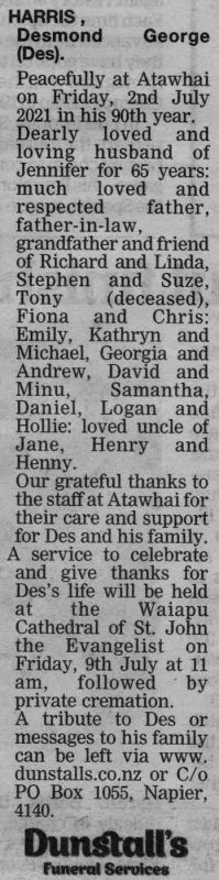 Harris, Desmond George (Des) Death Notice 2021 (Hawke's Bay Today)