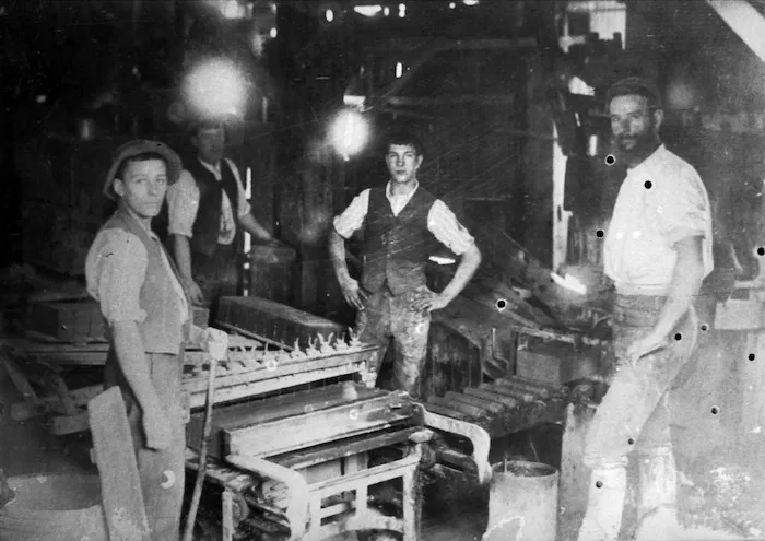 Men working inside Enoch Tonks' brick factory, 79 Webb Street, Wellington