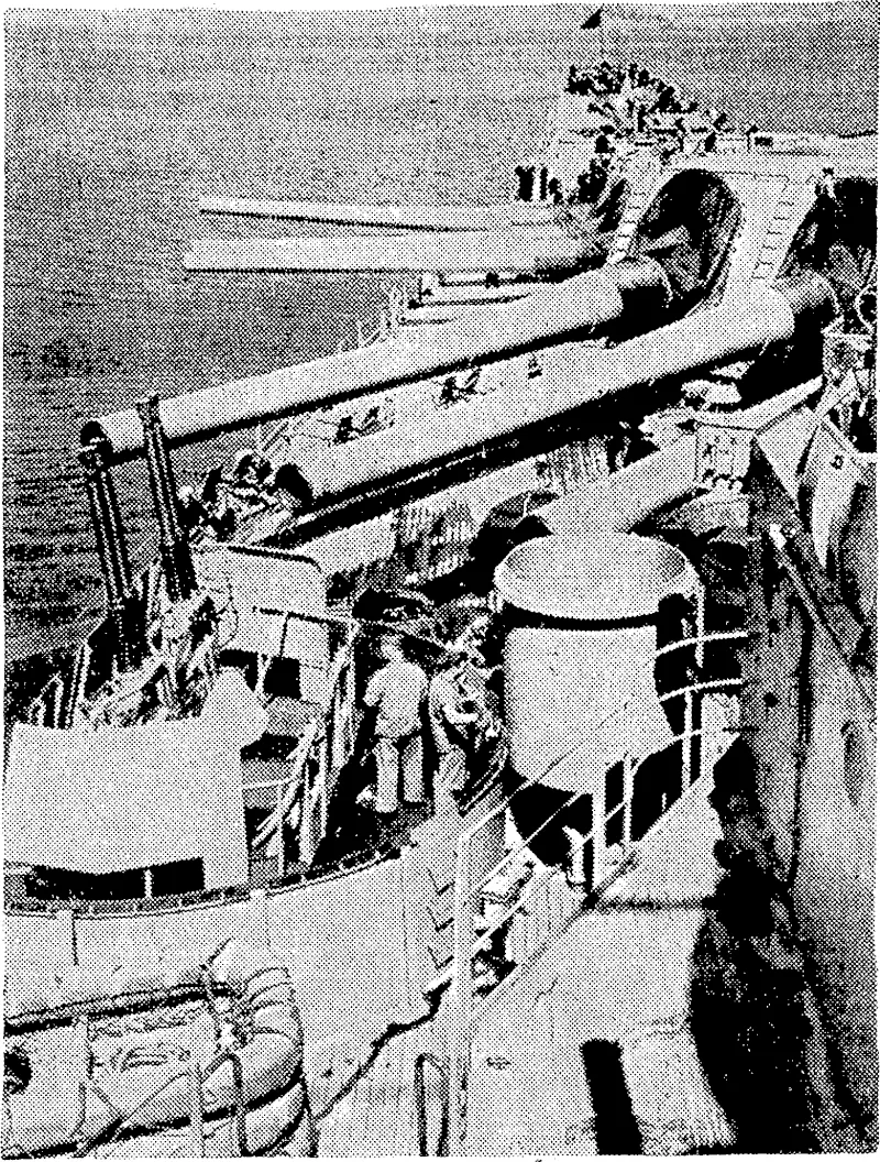 The 16-inch guns of the American battleship lowa, a unit of the tash force now attacking Japan. (Evening Post, 16 July 1945)