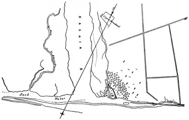 Image: Plan Of Moa-Hunters' Camp At Little Rakaia — The circles indicate ovens; the crosses, strokes, and pear-shaped marks indicate places where stone tools were found; the small squares the situation of houses. Trans. N.Z. Inst., Vol. IV, p. 74