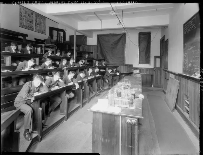Students writing at their desks in a science classroom, Christ's College, Christchurch