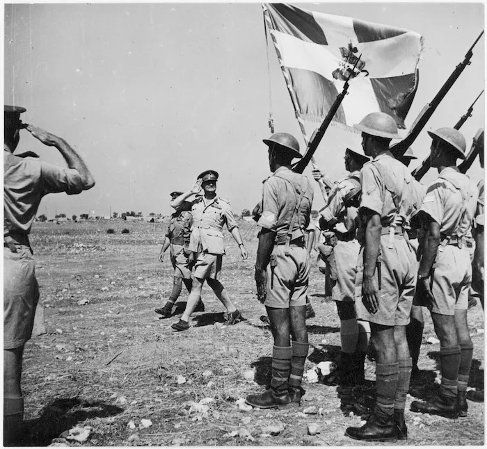 Sir Bernard Freyberg inspecting the 3rd Greek Brigade at Taranato, Italy