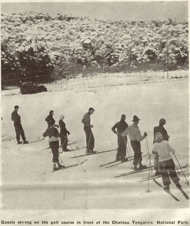 Guest ski-ing on the golf course in front of the Chateau Tongariro, National Park