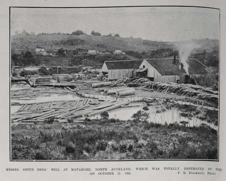 MESSRS. SMITH BROS.' MILL AT MATAKOHE, NORTH AUCKLAND, WHICH WAS TOTALLY DESTROYED BY FIRE ON OCTOBER 31, 1906