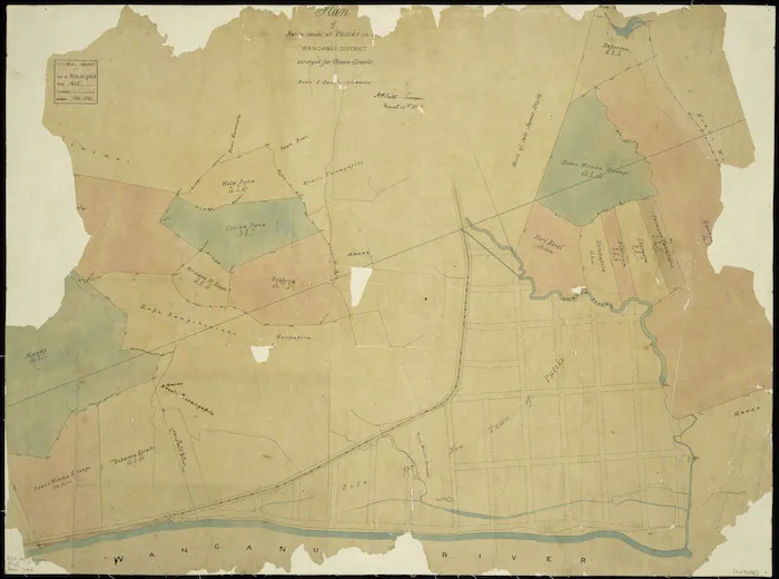 Field, Henry Claylands, 1825-1912 :Plan of native lands at Putiki in the Wanganui district [ms map] / surveyed for Crown Grants; H.C. Field, surveyor, March 16th, 1865.