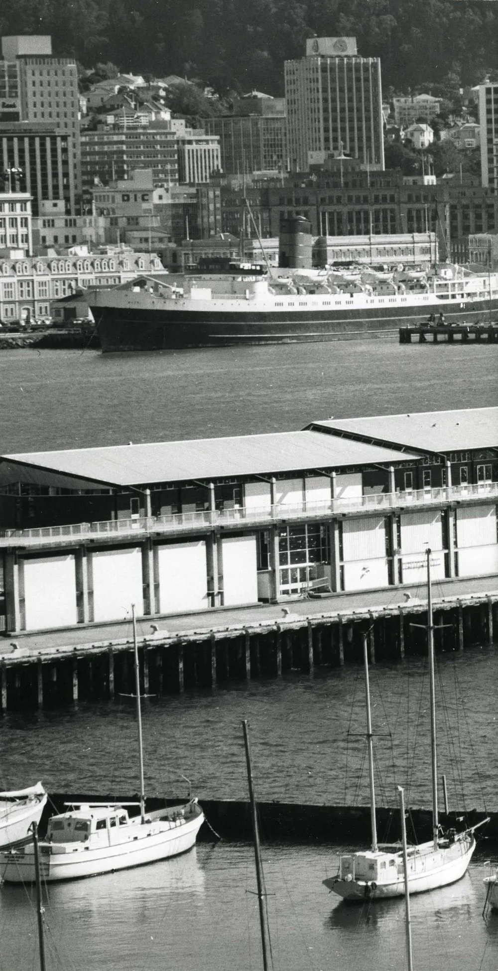 Wellington Harbour; marina and overseas passenger terminal in foreground; inter-island ferry Maori beyond. [P3-196-1112]