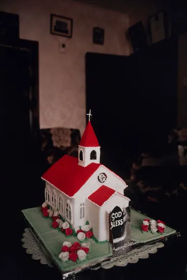 Image: Cake for King Taufa'ahau Tupou IV (cake represents church demolished to make way for new church, Grey Lynn)