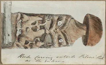 Image: Pearse, John, 1802-1882 :[Maori portraits]. Rude carving outside Pitone Pah at the entrance [Between 1852 and 1856]