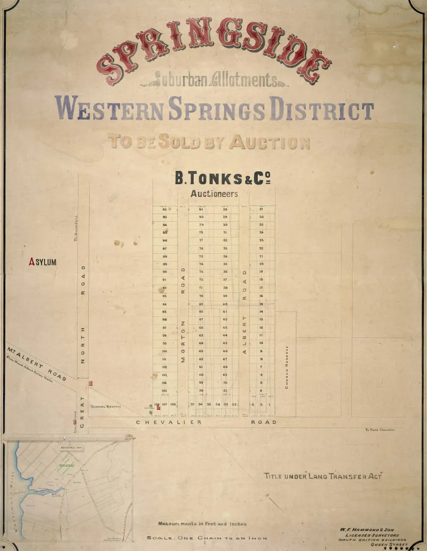 Springside suburban allotments, Western Springs district to be sold by auction.