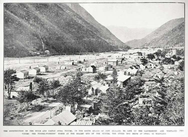 The construction of the huge and costly Otira Tunnel in the South Island of New Zealand to link up the Canterbury and Westland Provinces: the tunnel-workers' homes at the Bealey end of the tunnel, the other end being at Otira in Westland