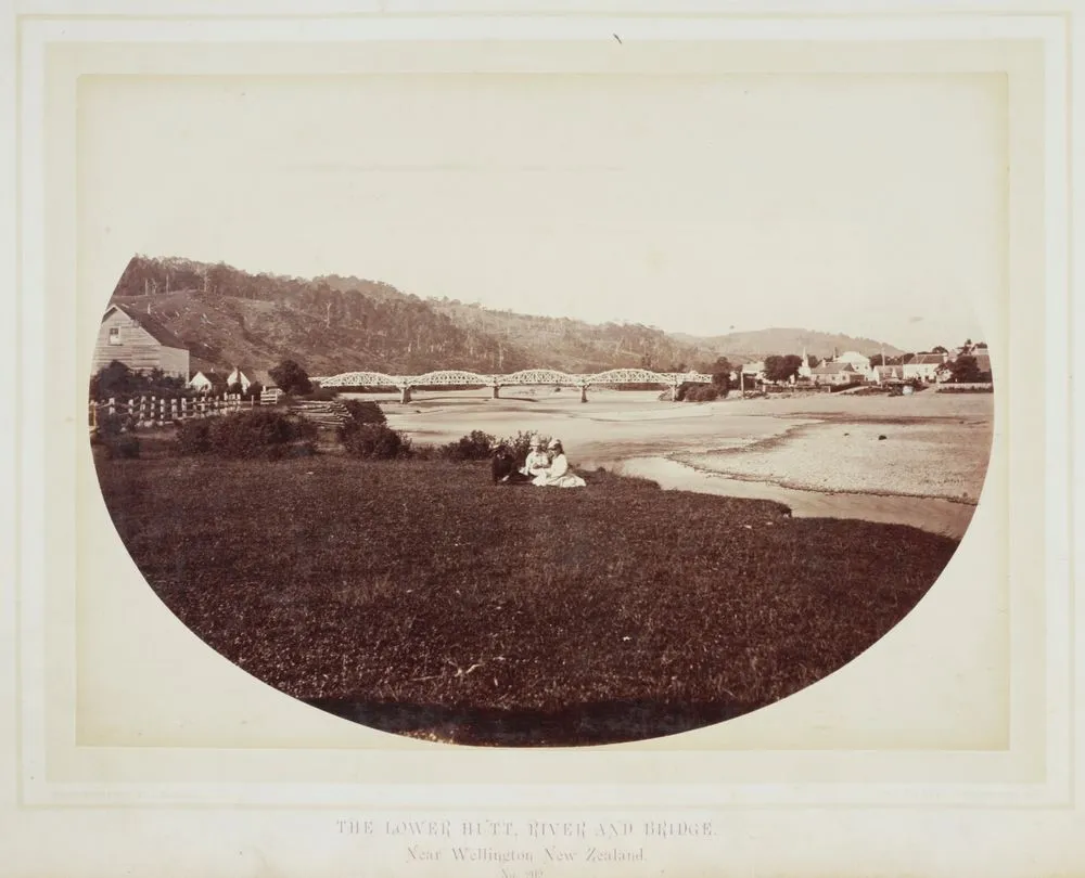 The Lower Hutt River and Bridge, near Wellington, NZ. From the album: Photographs of New Zealand Scenery - Wellington to the Wairapapa