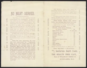Image: Health Food Cafe (Auckland): The Health Food Cafe. No meat served. [Menu. ca 1901]. J H Field, printer, Albert Street, Auckland.