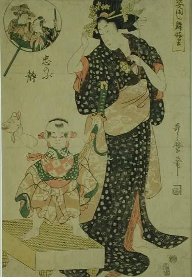 Woman with a child standing on a table holding a mask and sword