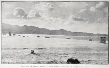 Image: Cargo from the stricken steamer Wiltshire strewn on the shore at Kaitoke, Great Barrier
