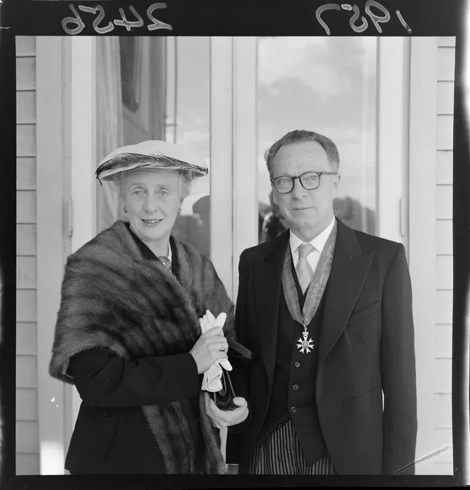 Dr Clarence Beeby CMG, wearing his medal, with his wife Beatrice Beeby