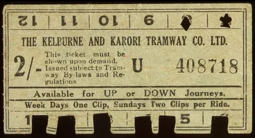 Image: The Kelburne and Karori Tramway Co Ltd :[2/- ticket]. Available for UP or DOWN journeys. [ca 1940-1946].