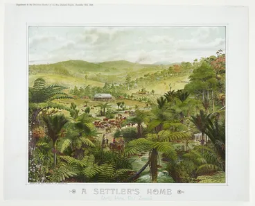 Image: Schmidt, William, 1870-1968: A settler's home, North Island, New Zealand / W Schmidt [del]. Supplement to the Christmas number of the New Zealand graphic, December 18th, 1901. Printed by the Brett Printing Co., Ltd., Auckland, N.Z.